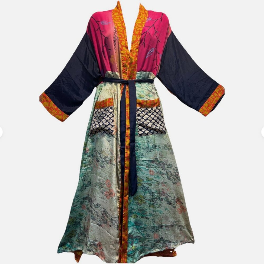 Nwt FUNKY STUFF boho patch belted vintage silk TOP DUSTER CARDIGAN 3X
